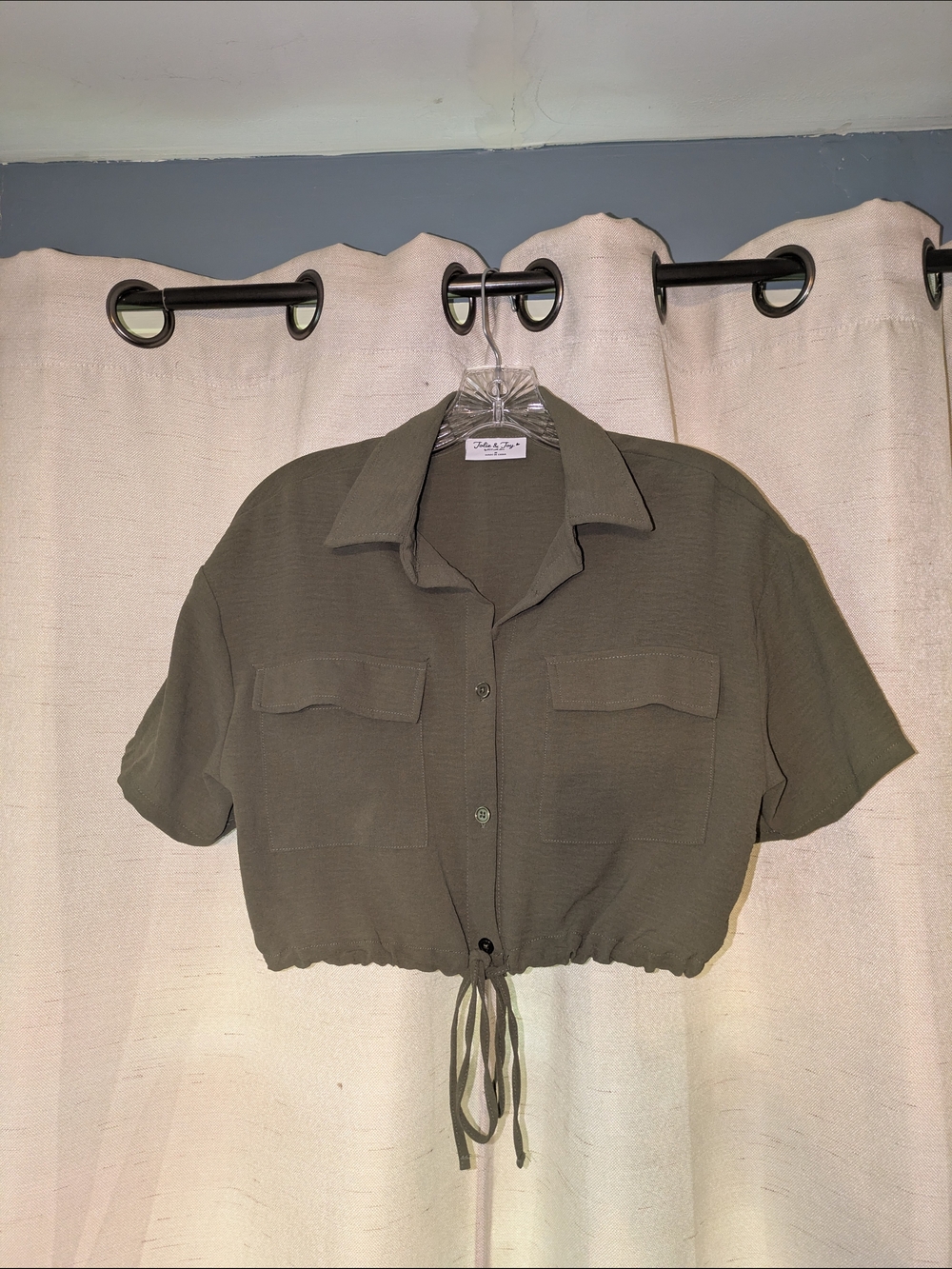 Drawstring Crop Shirt in Olive - Unbranded Women’s Top